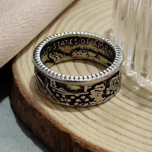 Vintage Morgan coin carved ring retro European style silver band fashion statement jewelry.