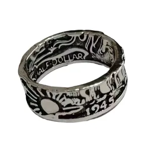 Vintage silver color coin ring for men and women retro carved 1945 half dollar finger jewelry