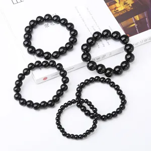 Set di bracciali di perle nere, perle rotonde in stile ossidiana di vetro liscio dettagli