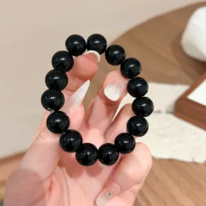 Bracciale con perle di vetro ossidiana nera elastico semplice rotondo perline gioielli moda donna