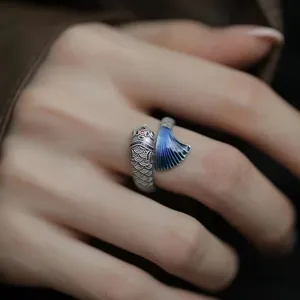 Anillo de carpa koi esmaltado retro, estilo étnico anillo abierto ajustable detalle mujer