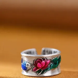 Anillo carpa koi esmaltado retro estilo etnico anillo abierto ajustable mujer joyeria detalle