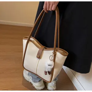 Borsa a shopper rétro bicolore dettaglio, grande capacità borsa a spalla donna lavoro