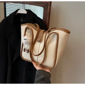 Borsa tote retrò di grande capacità con bordi a contrasto marroni, borsa a spalla casual elegante.
