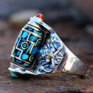 Bague perle dzi rétro tibétaine argent vintage turquoise bijou ethnique détail