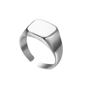 Minimalist square signet ring for women, adjustable open geometric silver ring jewelry.