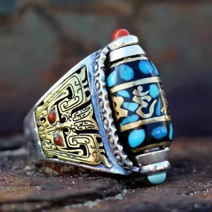 Rétro Style Tibétain Alliage de Zinc Bague Perle Dzi Unisexe Vintage Mantra Sculpté Bague Ouverte Mode Bijou Doigt Cadeau