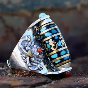 Bague en argent style tibétain avec perle dzi et turquoise bijoux rétro vintage pour homme femme