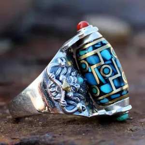 Bague style tibétain vintage pivotante avec turquoise corail et relief divin pour homme et femme