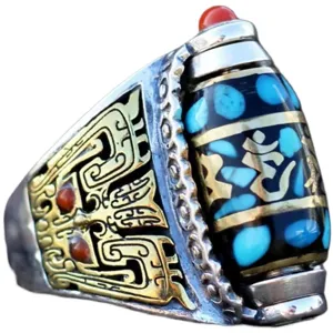 Bague style tibétain rétro avec turquoise corail rouge, bijoux argent ethnique vintage