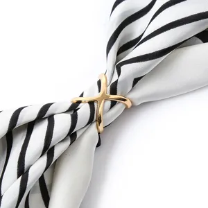 Gold-plated cross scarf ring detail, smooth hollow metal buckle for elegant shawls and scarves.