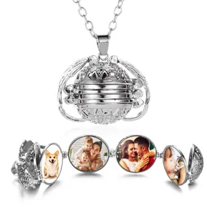 Collier pendentif médaillon ailé multicouche argenté, photo souvenir dépliable pour femmes.