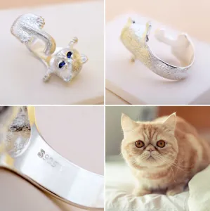 Nahaufnahme des niedlichen Katzen-Offenrings aus S925 Silber mit exquisiten Details.