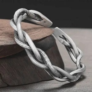 Men Vintage Geometric Braided Open Cuff Bangle Bracelet Titanium Silver Plated Punk Rock Fashion Jewelry Gift
