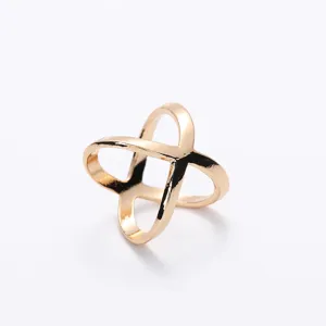 Gold cross hollow scarf ring detail view, sleek metallic finish for elegant accessories.