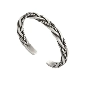 Retro silver plated braided open cuff bracelet for men, vintage geometric metal bangle jewelry.