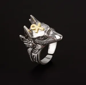 Vintage Punk Egyptian Ankh Wolf Head Adjustable Ring Retro Silver Metal Statement Jewelry