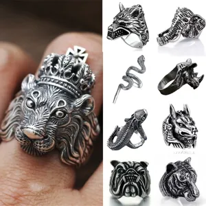 Retro Punk Animal Open Ring For Men Vintage Alloy Snake Wolf Lion Tiger Bull Ring Fashion Jewelry Finger Ring