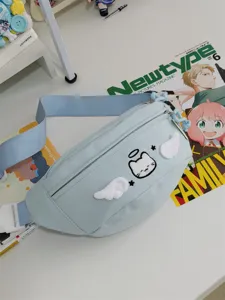 Cute student cat embroidery chest bag, stylish light blue casual crossbody shoulder bag.