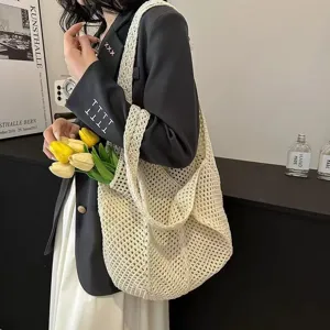Beige crochet shoulder bag casual woven mesh handbag large capacity summer beach tote for women