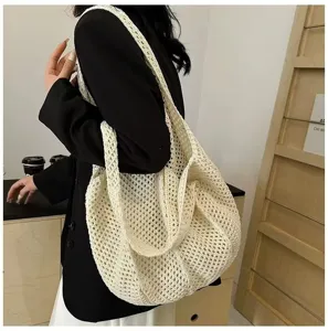 Summer woven tote bag stylish mesh shoulder handbag casual beach travel straw bag for women