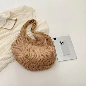 Summer Woven Net Shoulder Bag Hollow Out Casual Beach Hobo Handbag for Women Khaki