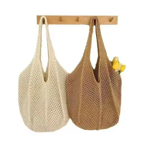 Summer hollow woven mesh tote bag, casual beach shoulder straw bag details and hanging display.