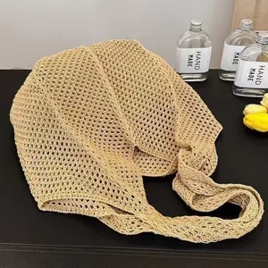 Summer hollow woven shoulder bag stylish straw net tote bag for beach travel daily wear