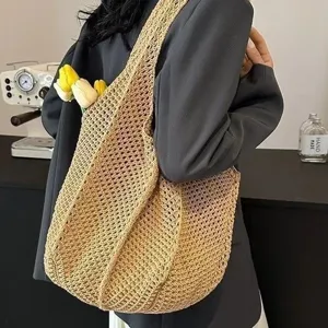 Summer woven shoulder bag straw tote casual beach mesh handbag for women chic daily styling