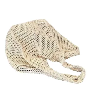 Summer casual woven mesh shoulder bag hollow out beach travel handbag for women cream white style