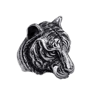 Punk retro tiger head ring for men, vintage silver metal animal ring adjustable size.