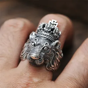 Vintage punk silver lion ring with crown and cross, gothic adjustable men's ring.