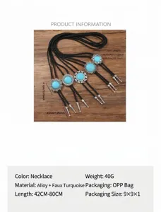 Detailweergave van vintage retro turquoise bolo tie ketting met legering bloem hanger.