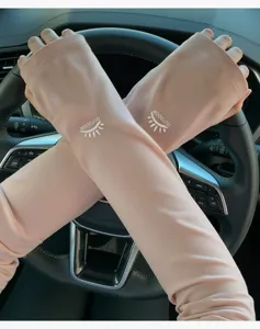Manches en soie de glace protection solaire femme, conduite sans doigts anti-UV rose