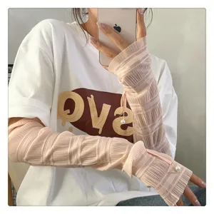 Manicotti di protezione solare in seta di ghiaccio da donna, anti-UV con perle e fiocco.
