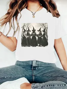 Women graphic short sleeve t-shirt casual summer vintage witch print round neck top white