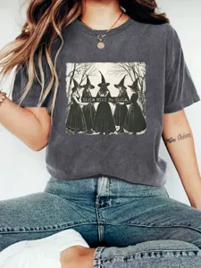Vintage washed dark gray graphic t-shirt featuring cool witch art for women casual wear.