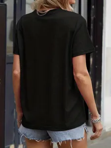 Casual black short-sleeve t-shirt for women, classic crewneck design, comfortable summer wear.