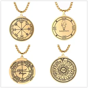 Collar amuleto pentagrama Salomón de acero inoxidable, colgante oculto chapado en oro 18k.