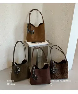 Korean style autumn winter suede underarm bucket bag shoulder bag set detailed view.
