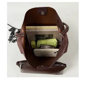 Brown suede bucket bag interior capacity detail view stylish shoulder handbag for women