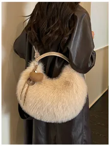 Sac à épaule duveteux en peluche pour femme automne hiver doux sac à main croissant