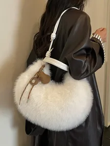 Sac à épaule duveteux en fausse fourrure blanche pour femme, sac fourre-tout d'hiver.