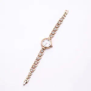 Womens fashion quartz watch with rhinestone bracelet, elegant casual rose gold wristwatch.