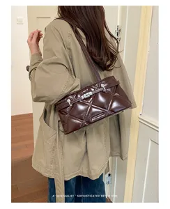 Korean retro quilted patent leather shoulder bag with metal lock, chic commuter underarm bag.