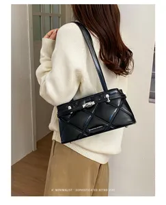 Korean style soft leather quilted shoulder bag with metal lock, chic retro underarm bag for women.