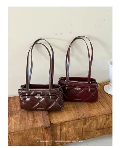 Korean style soft leather quilted shoulder bag for women, chic commuter tote with lock closure.