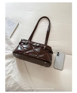 Korean retro style quilted shoulder bag for women, chic dark brown PU leather underarm bag.