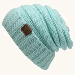 Women winter warm knit slouchy beanie hat casual solid color soft cuff skull cap blue