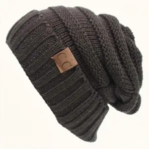 Dark grey knit beanie hat winter warm slouchy cap with leather patch stylish outdoor wear